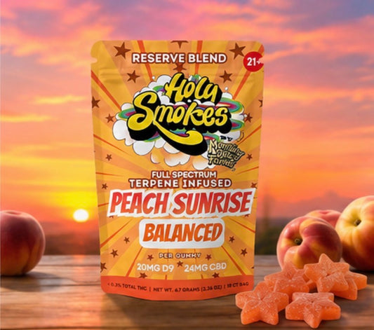 Peach Sunrise Balanced Gummies, Reserve Blend, Holy Smokes