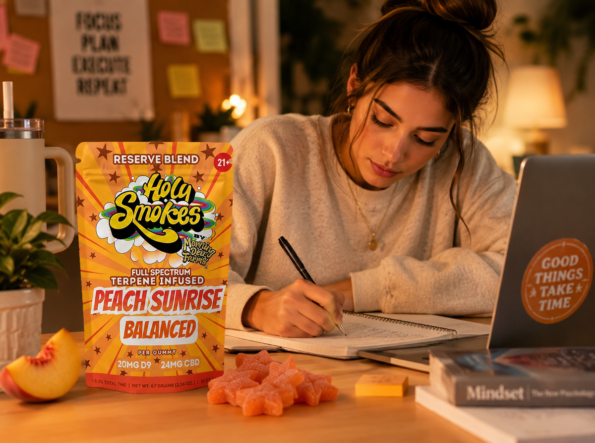 Peach Sunrise Balanced Gummies, Reserve Blend, Holy Smokes