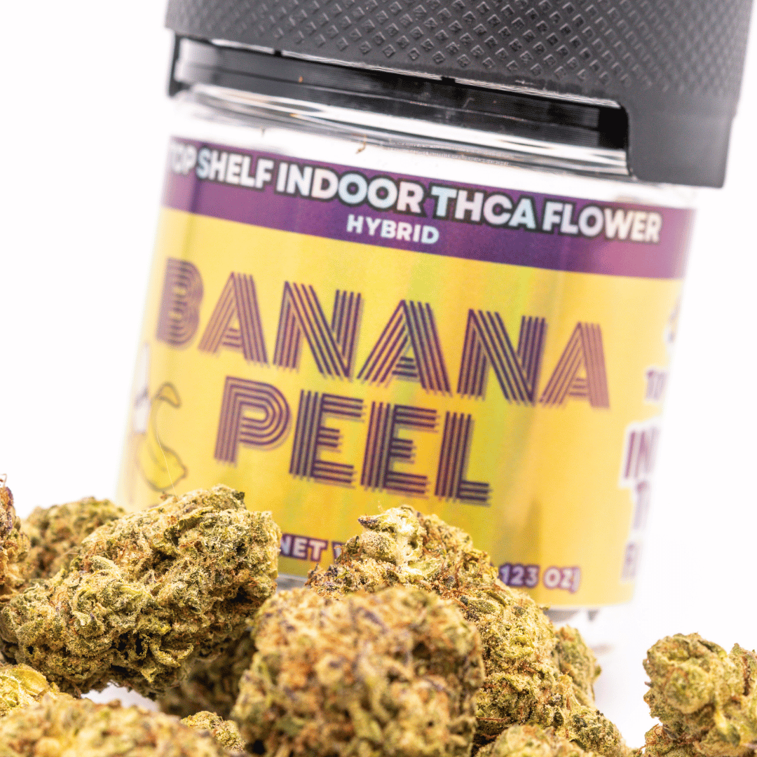 image of Banana Peel THCA Flower surrounding happy hemp co packaging