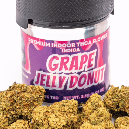 image of grape jelly donut thca flower surrounding packaging from happy hemp co