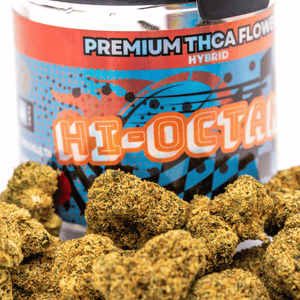 image of Hi-Octane THCA Flower surrounding happy hemp co packaging