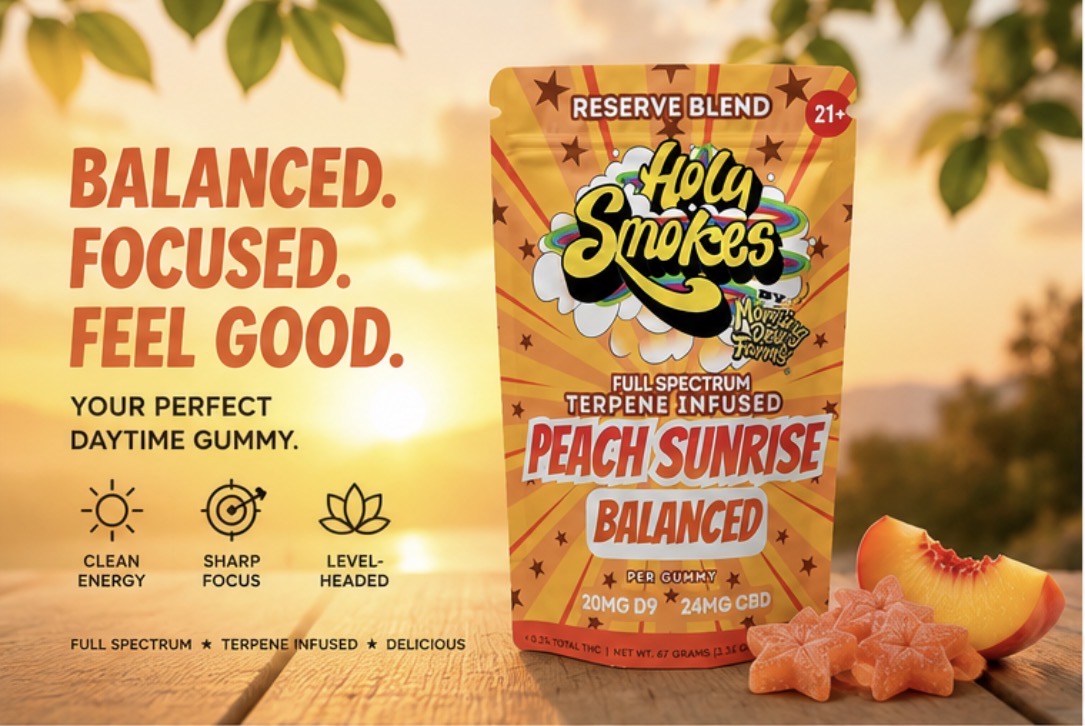 Peach Sunrise Balanced Gummies, Reserve Blend, Holy Smokes