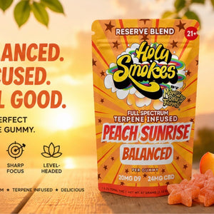 Peach Sunrise Balanced Gummies, Reserve Blend, Holy Smokes