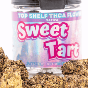 image of Sweet Tart THCA Flower surrounding packaged 8th from happy hemp co