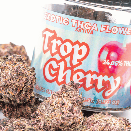 image of Trop Cherry thca flower surrounding packaged product from happy hemp co